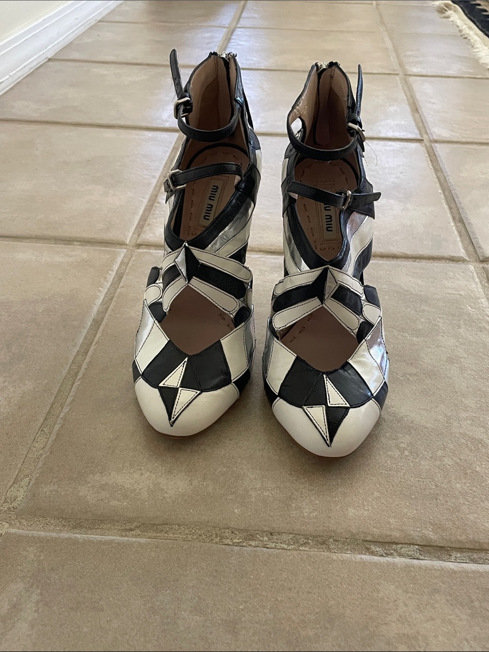 Miu Miu Black & White Geometric Cutout Mary Jane Heels